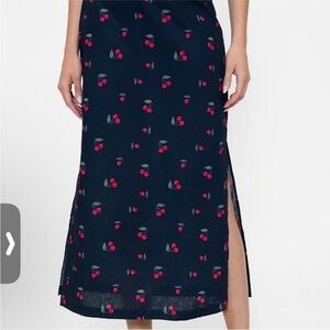 GAP Linen Cotton Novelty Fruit Cherry Print Midi Skirt Navy Blue Size Medium